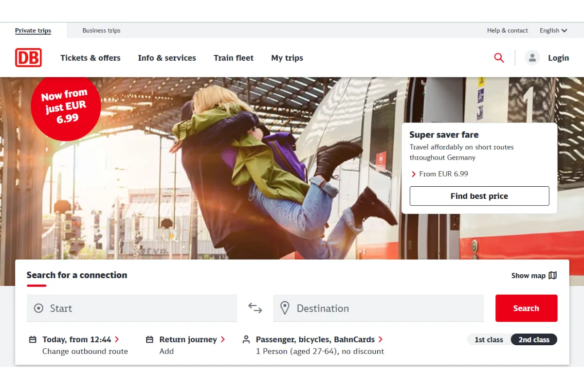 Best travel apps for Europe - Picture of the Deutsche Bahn website.