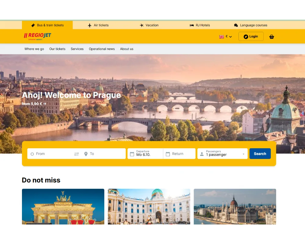 best travel apps for europe - screenshot of the RegioJet official website.