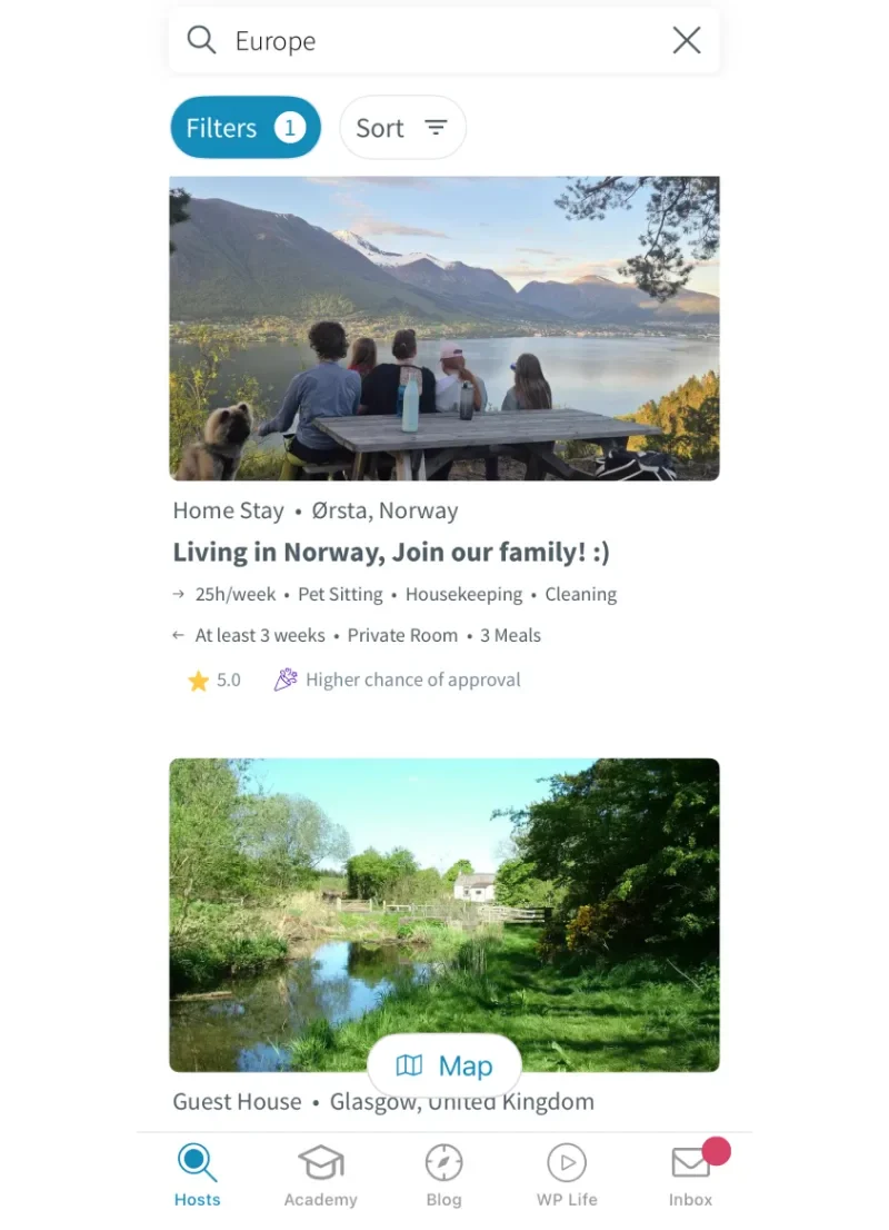 screenshot of the worldpackers app showcasing europe.
