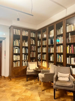 Cozy interior of Lieblings Café Frankfurt with bookshelves, fireplace,
