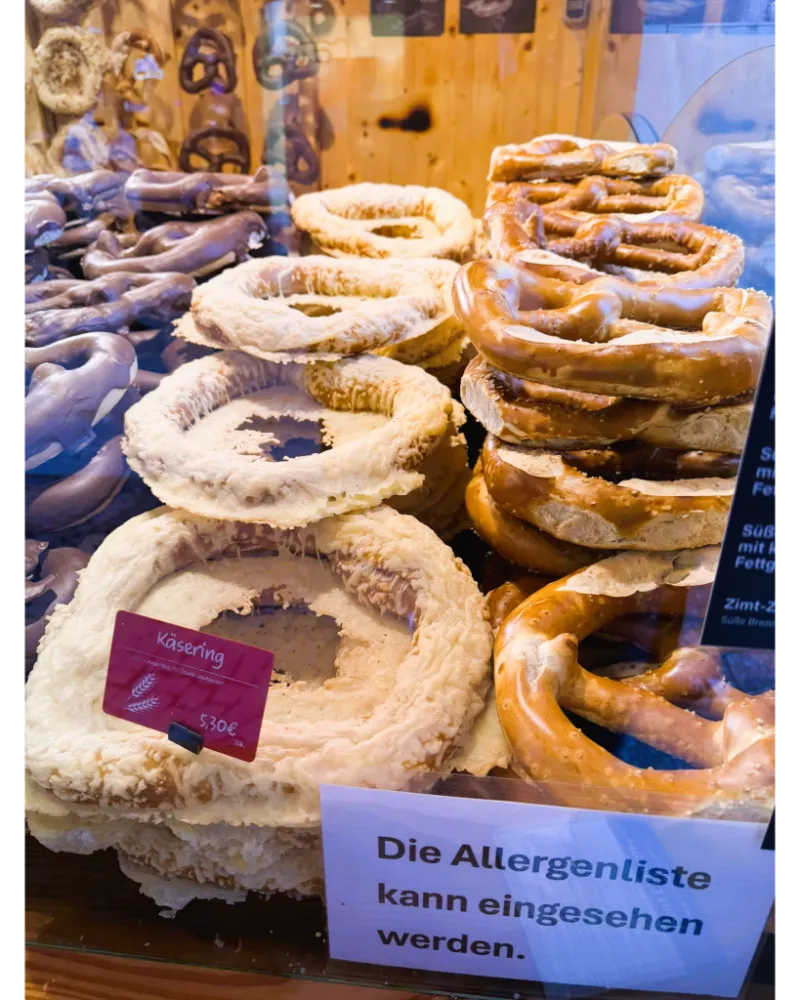 Fresh soft pretzel sold at the Frankfurt Christmas Market — a classic German snack perfect with Glühwein.