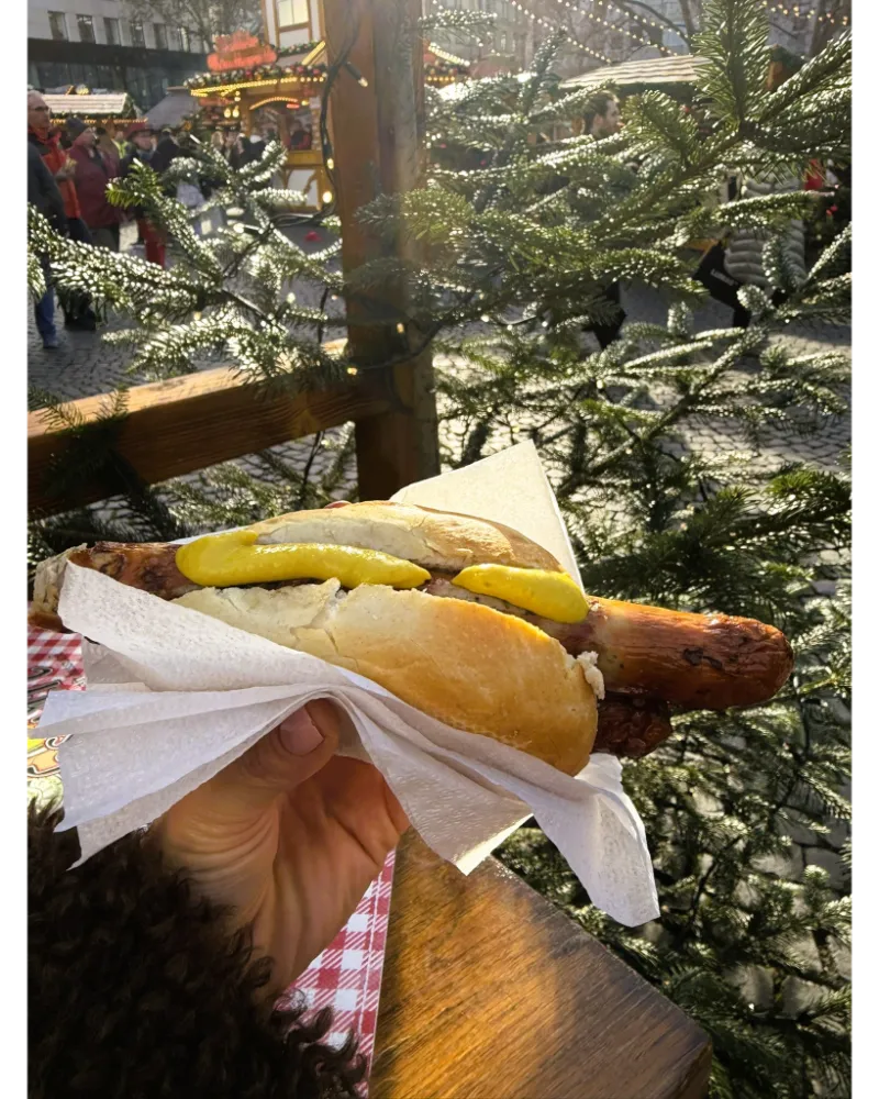 Frankfurt Christmas Market Food - Brutwurst is a must try.